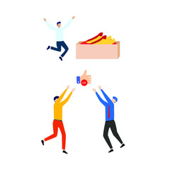 Set of flat cartoon characters isolated with man and box with sneakers, two people and like sign