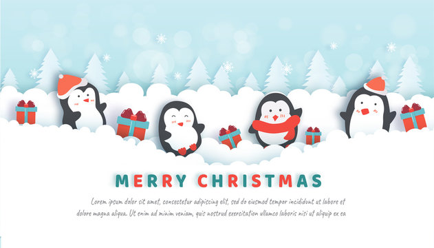 Merry Christmas , Christmas celebrations with cute penguins in the snow forest for Christmas card, Christmas background  in paper cut and craft style.