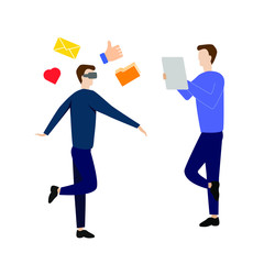 Set of flat cartoon character with man in glasses of vertical reality, man with tablet.