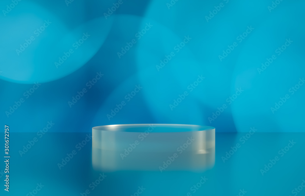 Poster Empty cylinder box with bokeh background. Luxury cosmetic product display scene. 3d render.
