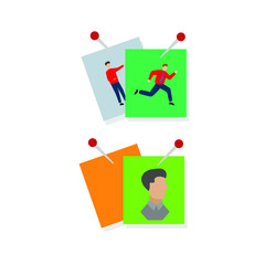 Set of flat cartoon characters isolated with paper notes on a needle with people