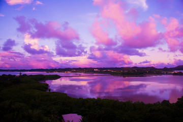 Fototapeta na wymiar View from hill, aerial, Beautiful tropical sunset in Koror state, Rock Island, Palau, Pacific