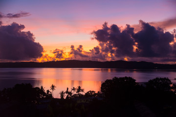 Fototapeta premium View from hill, aerial, Beautiful tropical sunreis in Koror state, Rock Island, Palau, Pacific