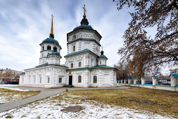 Fototapeta na wymiar Irkutsk, Russia, November, 6, 2019: Irkutsk, Holy Trinity Church in the center of Irkutsk city, built in 1750 - 1778 years. One of the oldest orthodox churches in Irkutsk.