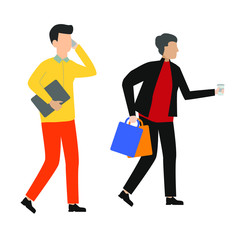 Set of flat cartoon character with man and tablet, man with purchases