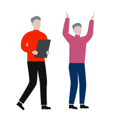 Set of flat cartoon character with man and tablet, man raised his hands up