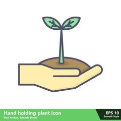 Hand holding plant icon in smooth style, with pixel perfect and editable stroke eps 10