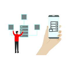 Set of flat cartoon character isolated with man and server, hand with server sign phone