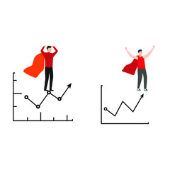 Set of flat cartoon characters isolated with man in superhero cape and financial graph