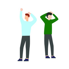Set of flat cartoon character isolated with two people standing hands behind head