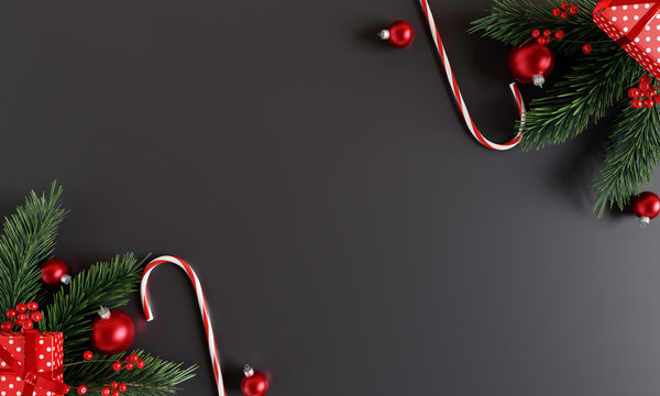 Christmas decorations with gift box on black background. 3d rendering