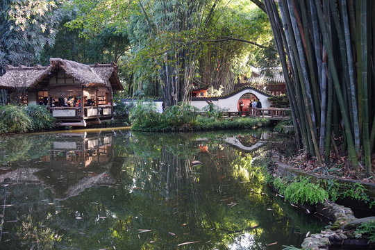 Beautiful lake with bamboo garden in Thatched Cottage of Du Fu, it was the home of a famous poet, Du Fu, in Tang Dynasty. 
