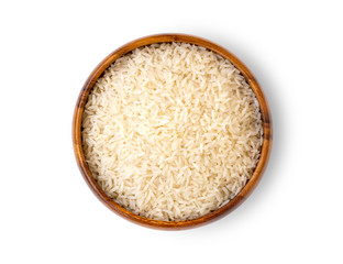 Close up white rice,natural long rice grains (Thai jasmine rice) in wooden bowl isolated on white background with clipping path. Healthy food and diet concept. Top view. Flat lay.
