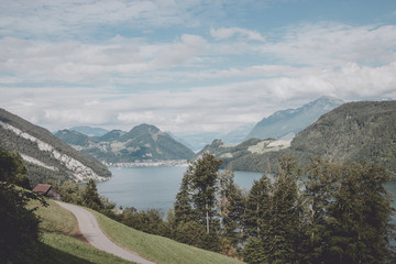 Panorama view of Lucerne lake and mountains scene in Pilatus of Lucerne