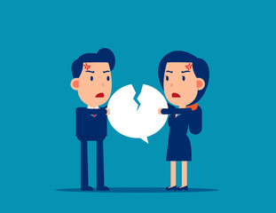Fighting over speech bubble. The quarrel between employees concept. Cute flat business cartoon vector illustration.