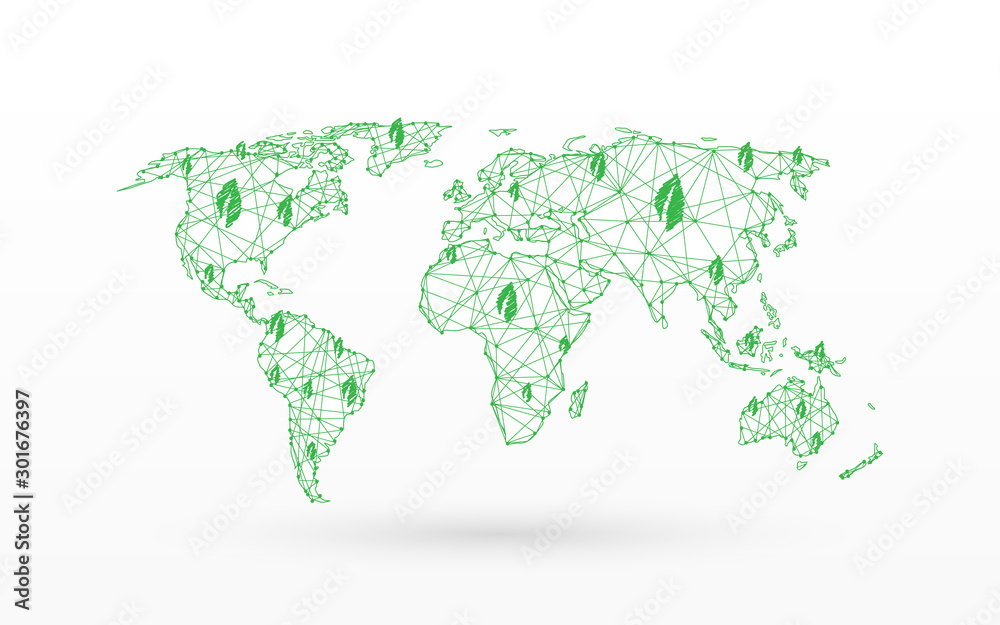 Poster world map with eco green & save the world concept form lines, triangles and particle style design. i