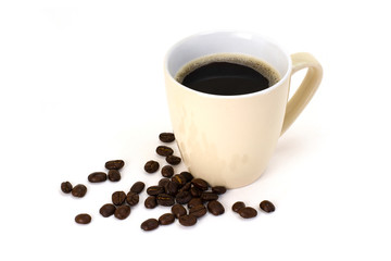cup of coffee with beans on white background