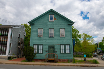 Historic buildings on Summer Street near Main Street in Maynard historic town center in summer, Maynard, Massachusetts, USA.