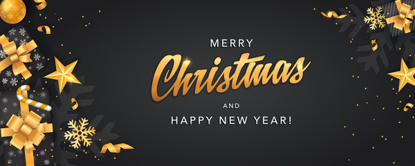 Fototapeta na wymiar Merry Christmas and Happy New Year black backgrounds template with gold glitter elements and calligraphy
