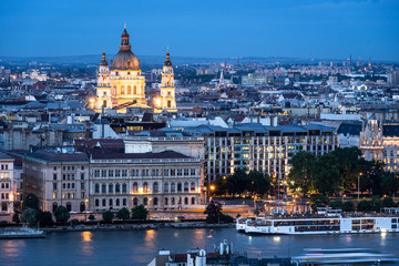 Twilight over the St. Stephen's Basilica and Budapest skyline by the Danube river in Hungary capital city