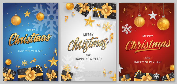 Merry Christmas and Happy New Year backgrounds template set with gold glitter elements