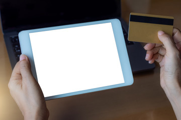 Mockup blank tablet computer pc, Online payment or internet banking by using credit card.