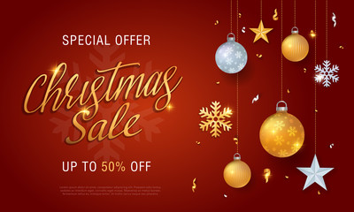 Naklejka premium Christmas sale banner red background template with glitter gold elements, snowflakes, gift boxes, stars