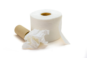 Closeup roll of toilet paper or tissue paper roll isolated on white background with clipping path.