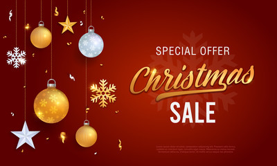 Christmas sale banner red background template with glitter gold elements, snowflakes, gift boxes, stars