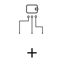A set of simple icons with a wallet with a payments scheme and the plus sign
