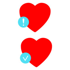 A set of simple icons with a heart with an exclamation mark and a tick