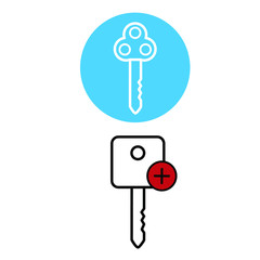  Set of simple icons with a key in a blue frame and a key with a plus sign