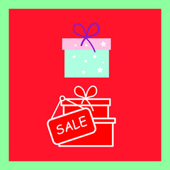 Set of colored icons with gift boxes in blue frame on red background