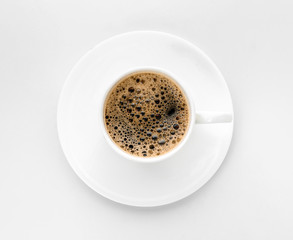 Cup of hot coffee on white background