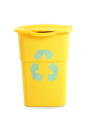 Container for trash with recycling sign on white background