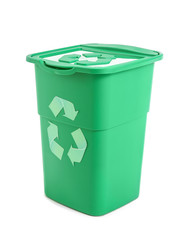 Container for trash with recycling sign on white background