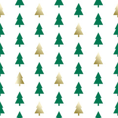 Golden and green Christmas trees on white background. Festive vector illustration. Seamless winter pattern.