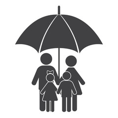 Man, woman and children hold hands under an umbrella. Family symbol.