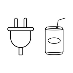 A set of simple icons with an electric plug and a can of soda.