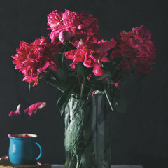 Bouquet of flower peonies in vase on a dark background. Botanical still life