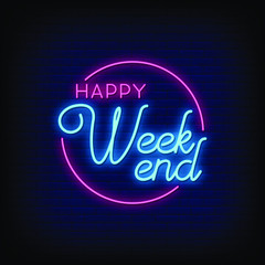 Fototapeta na wymiar Happy Weekend Neon Signs Style Text Vector
