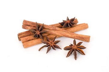 Close up Cinnamon sticks and star anise or aniseed isolated on white background. Natural herbal plant, spices seasoning conceptual.