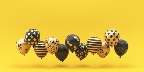 Black Friday. Balloons black with gold percent on a golden background. 3d render illustration.