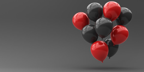 Black Friday. Red and black balloons on a black background. 3d render illustration.