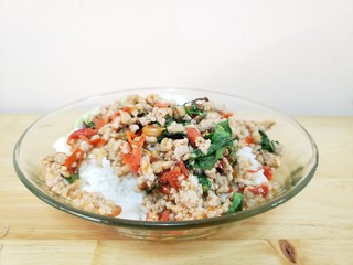 Stir fries Ground pork with chili and Thai hot basil (Thai street food : Pad Kra Praow Moo)