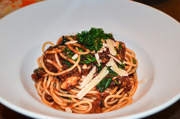 Spaghetti With Tomato Sauce with Parsley on top view