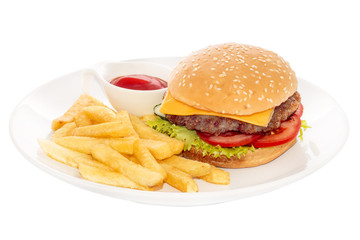 Asian style hamburger with fried potatoes on a plate. Isolated on a white background.