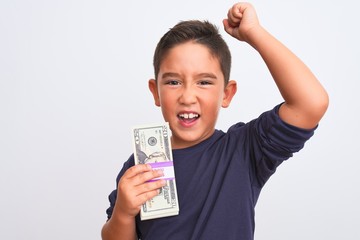 Beautiful kid boy holding dollars standing over isolated white background annoyed and frustrated shouting with anger, crazy and yelling with raised hand, anger concept