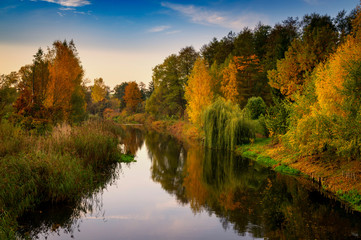 Fototapeta premium Tranquil colorful autumn landscape with reflection