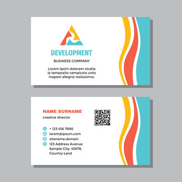 Business Card Template With Logo - Concept Design. Triangle Pyramid Success Visit Card Branding. Cooperation Communication Symbol. Vector Illustration. 